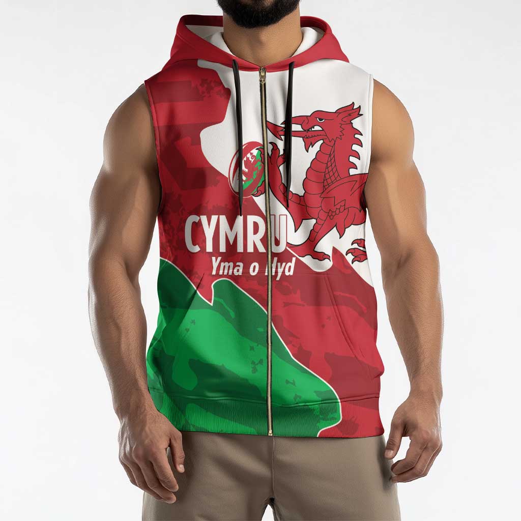 Wales Rugby Custom Sleeveless Zip Hoodie Go Cymru Yma O Hyd - Wonder Print Shop