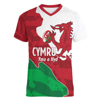 Wales Rugby Custom Women V-Neck T-Shirt Go Cymru Yma O Hyd - Wonder Print Shop