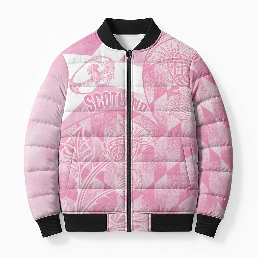 Scotland Rugby Custom Bomber Puffer Jacket Go Scottish Thistle Pink Version - Wonder Print Shop