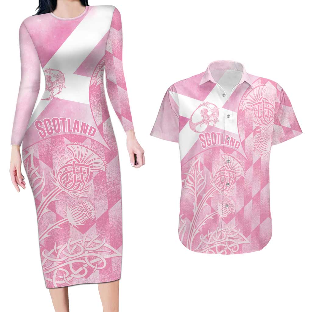 Scotland Rugby Custom Couples Matching Long Sleeve Bodycon Dress and Hawaiian Shirt Go Scottish Thistle Pink Version - Wonder Print Shop