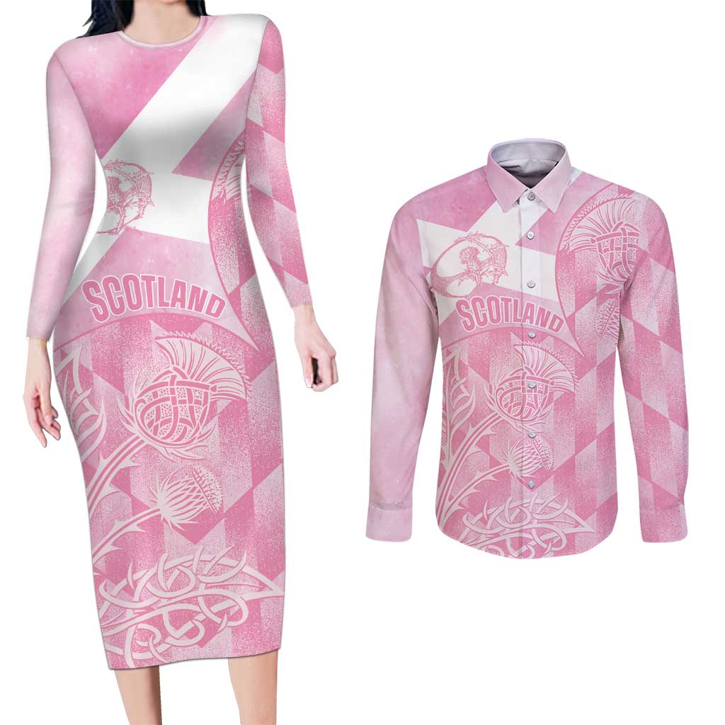 Scotland Rugby Custom Couples Matching Long Sleeve Bodycon Dress and Long Sleeve Button Shirt Go Scottish Thistle Pink Version - Wonder Print Shop