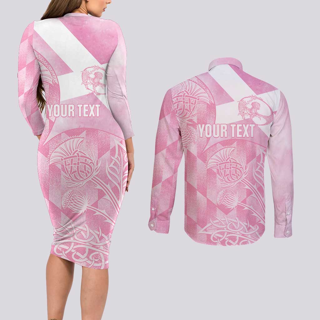 Scotland Rugby Custom Couples Matching Long Sleeve Bodycon Dress and Long Sleeve Button Shirt Go Scottish Thistle Pink Version - Wonder Print Shop