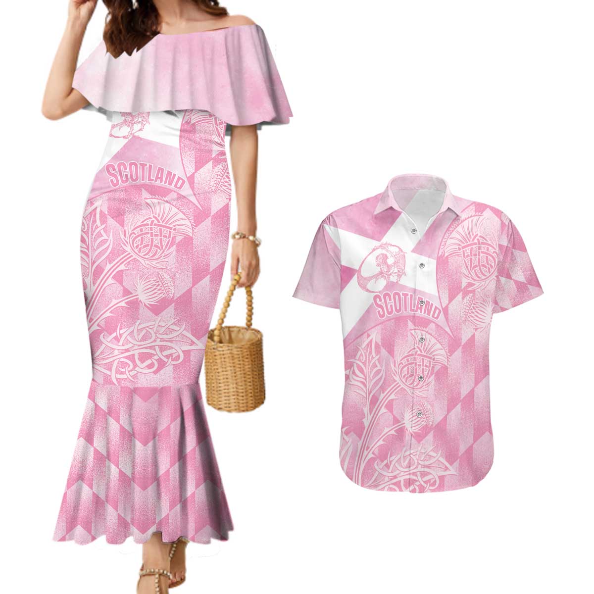 Scotland Rugby Custom Couples Matching Mermaid Dress and Hawaiian Shirt Go Scottish Thistle Pink Version - Wonder Print Shop