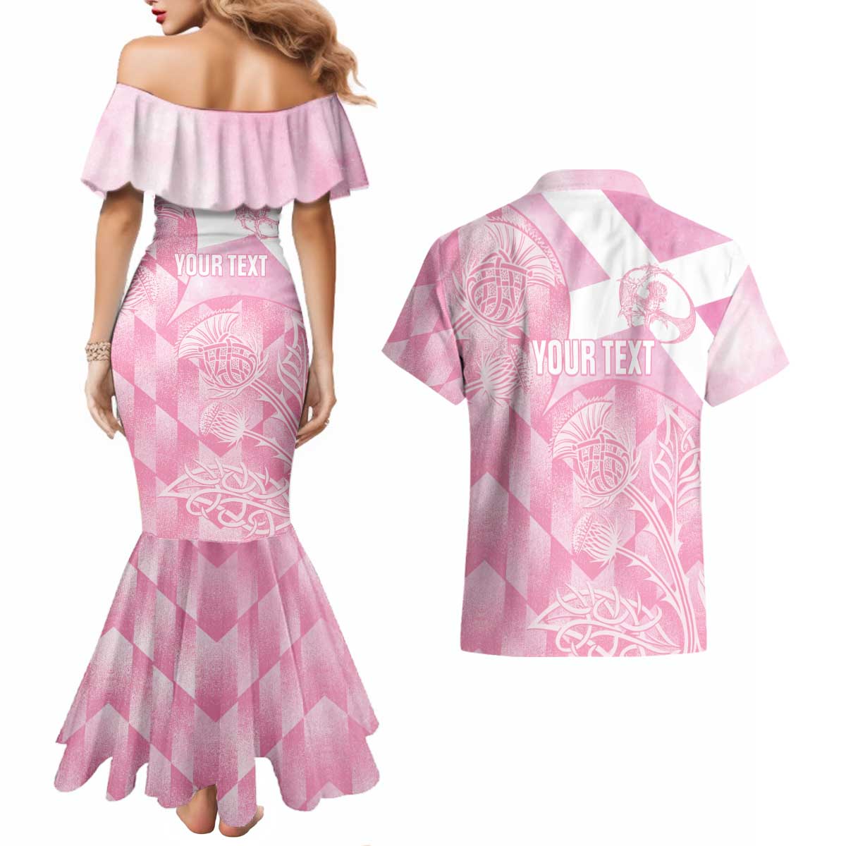 Scotland Rugby Custom Couples Matching Mermaid Dress and Hawaiian Shirt Go Scottish Thistle Pink Version - Wonder Print Shop