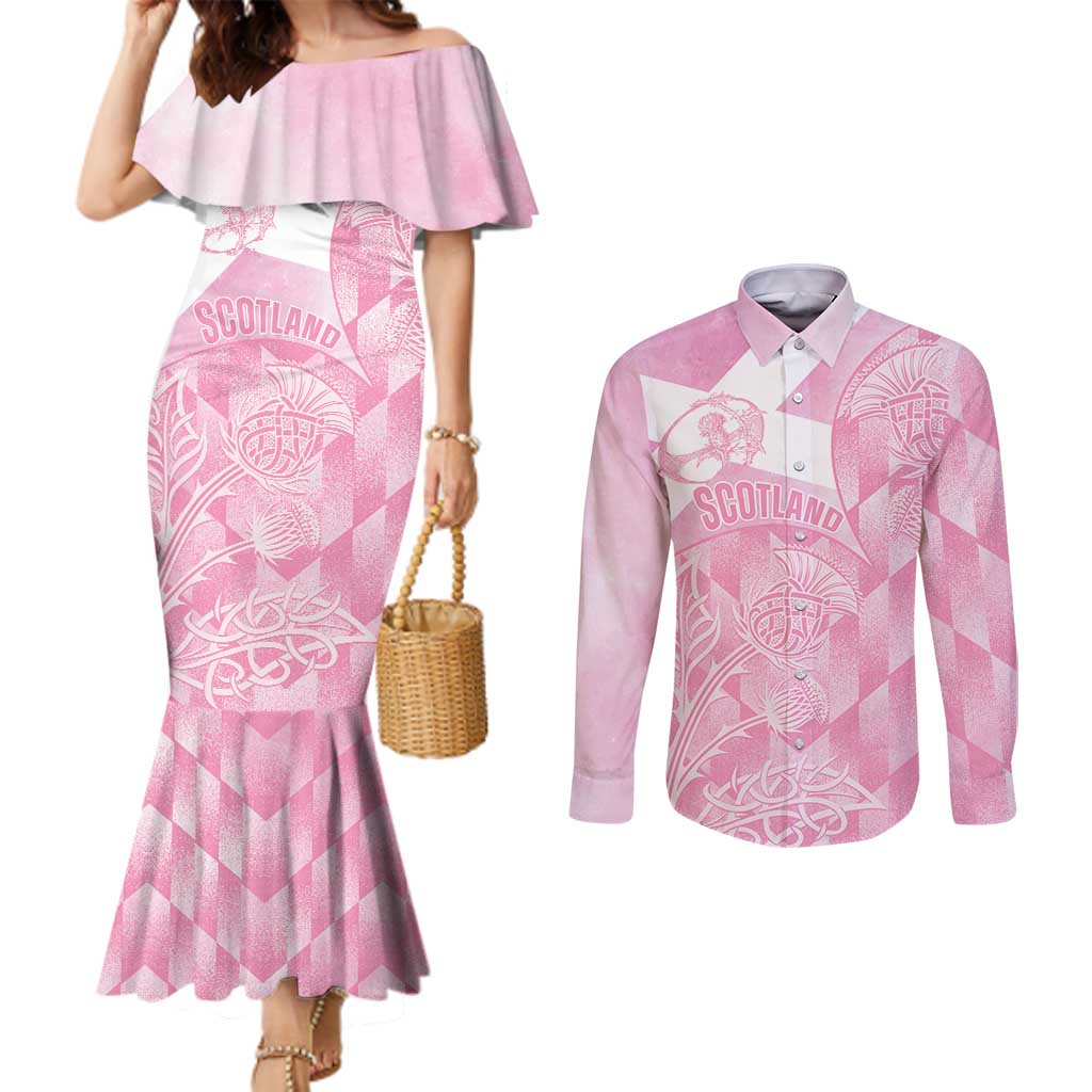 Scotland Rugby Custom Couples Matching Mermaid Dress and Long Sleeve Button Shirt Go Scottish Thistle Pink Version - Wonder Print Shop
