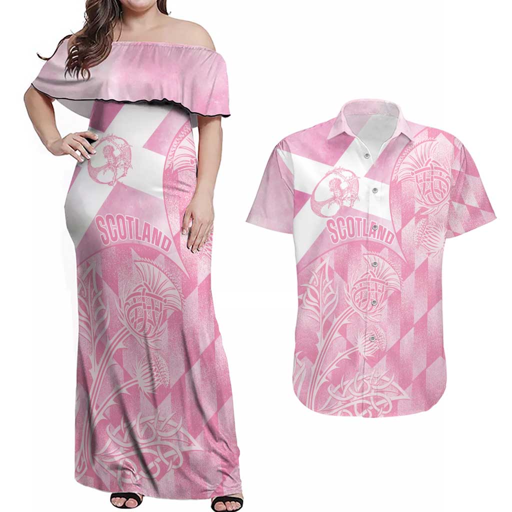 Scotland Rugby Custom Couples Matching Off Shoulder Maxi Dress and Hawaiian Shirt Go Scottish Thistle Pink Version - Wonder Print Shop