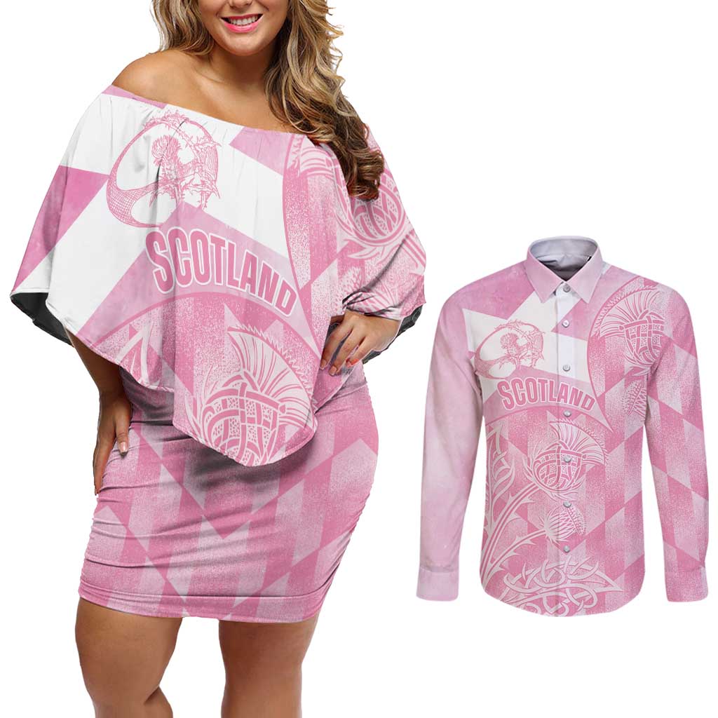 Scotland Rugby Custom Couples Matching Off Shoulder Short Dress and Long Sleeve Button Shirt Go Scottish Thistle Pink Version - Wonder Print Shop