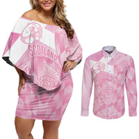 Scotland Rugby Custom Couples Matching Off Shoulder Short Dress and Long Sleeve Button Shirt Go Scottish Thistle Pink Version - Wonder Print Shop
