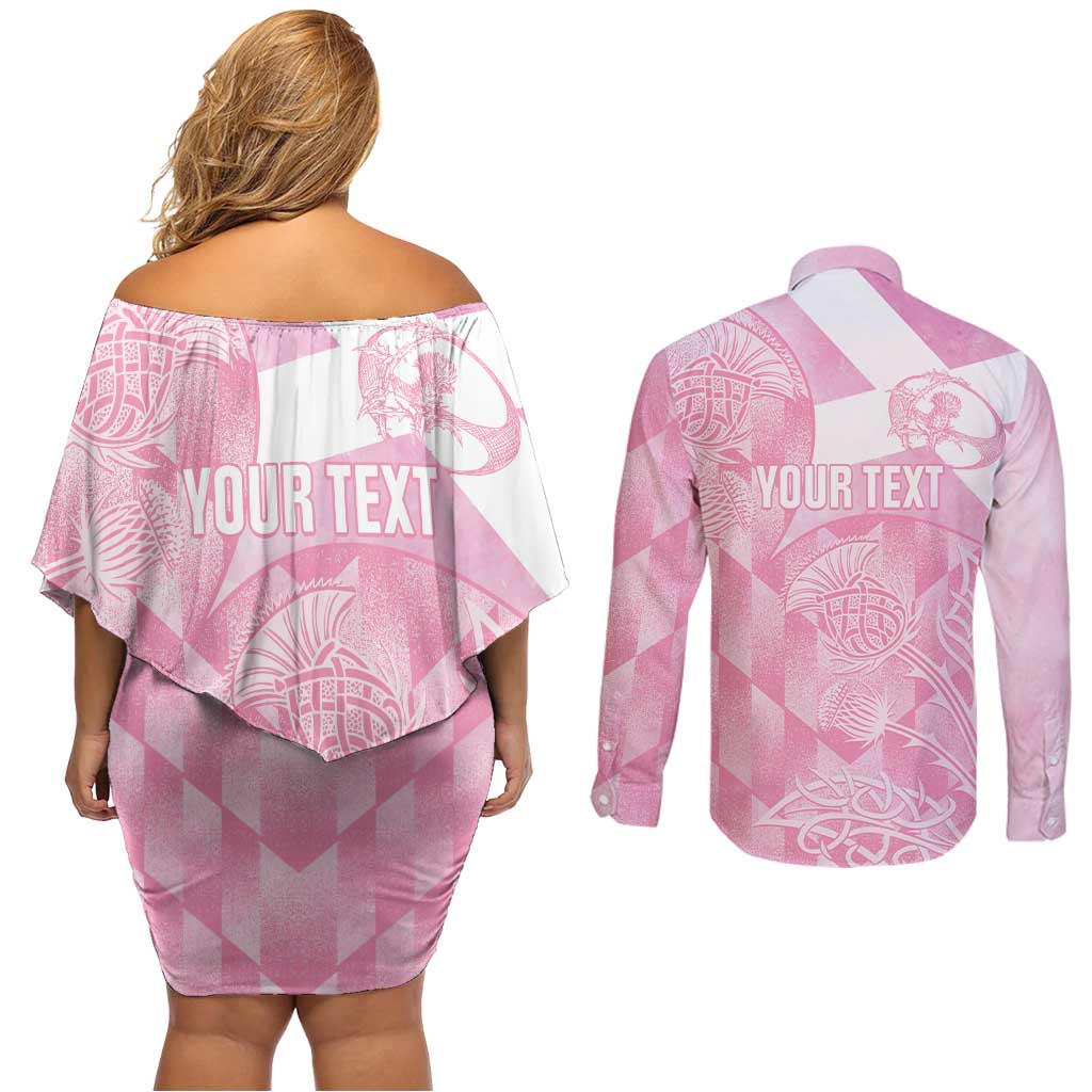 Scotland Rugby Custom Couples Matching Off Shoulder Short Dress and Long Sleeve Button Shirt Go Scottish Thistle Pink Version - Wonder Print Shop