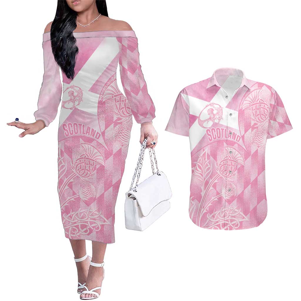 Scotland Rugby Custom Couples Matching Off The Shoulder Long Sleeve Dress and Hawaiian Shirt Go Scottish Thistle Pink Version - Wonder Print Shop