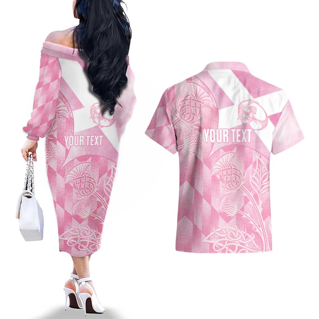 Scotland Rugby Custom Couples Matching Off The Shoulder Long Sleeve Dress and Hawaiian Shirt Go Scottish Thistle Pink Version - Wonder Print Shop