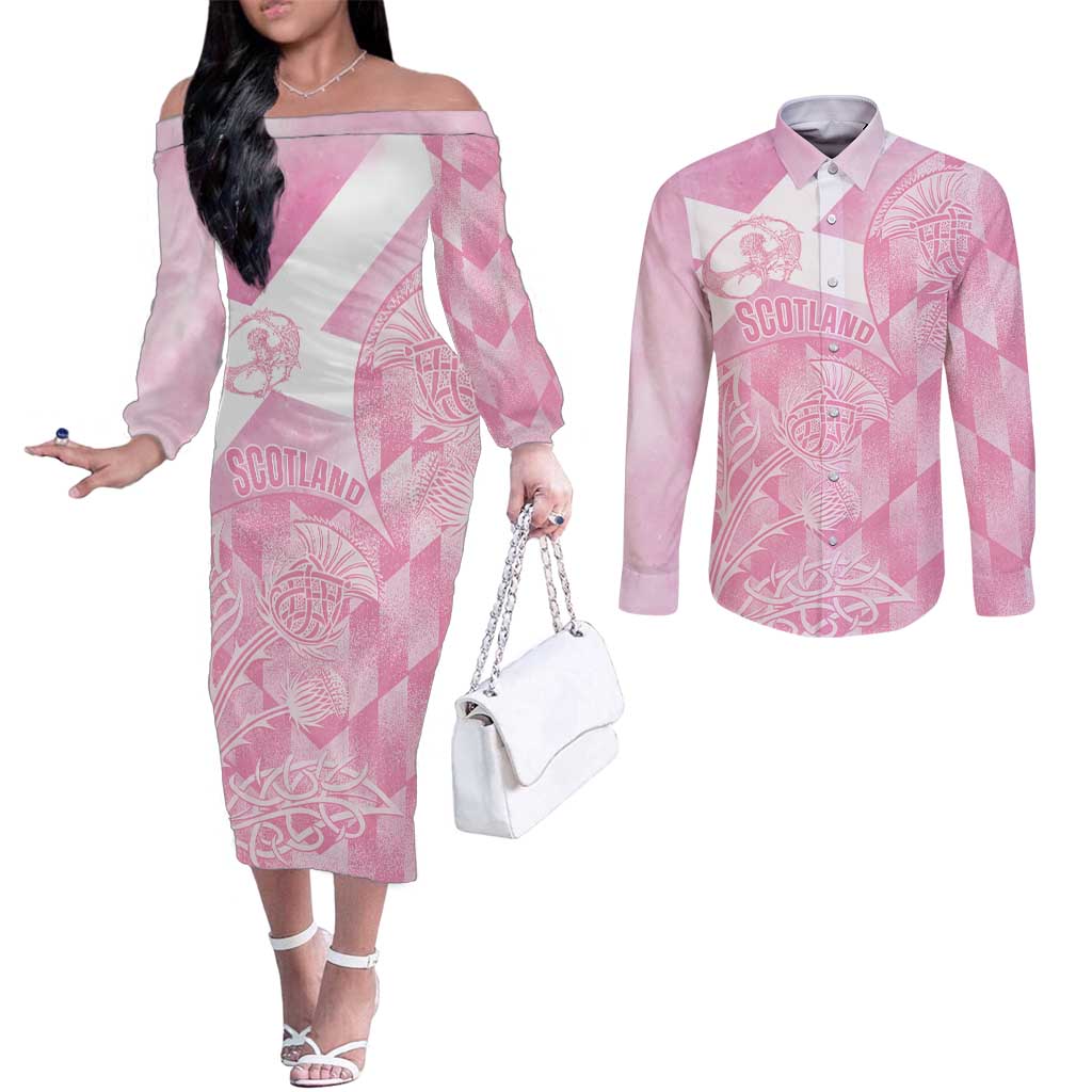 Scotland Rugby Custom Couples Matching Off The Shoulder Long Sleeve Dress and Long Sleeve Button Shirt Go Scottish Thistle Pink Version - Wonder Print Shop