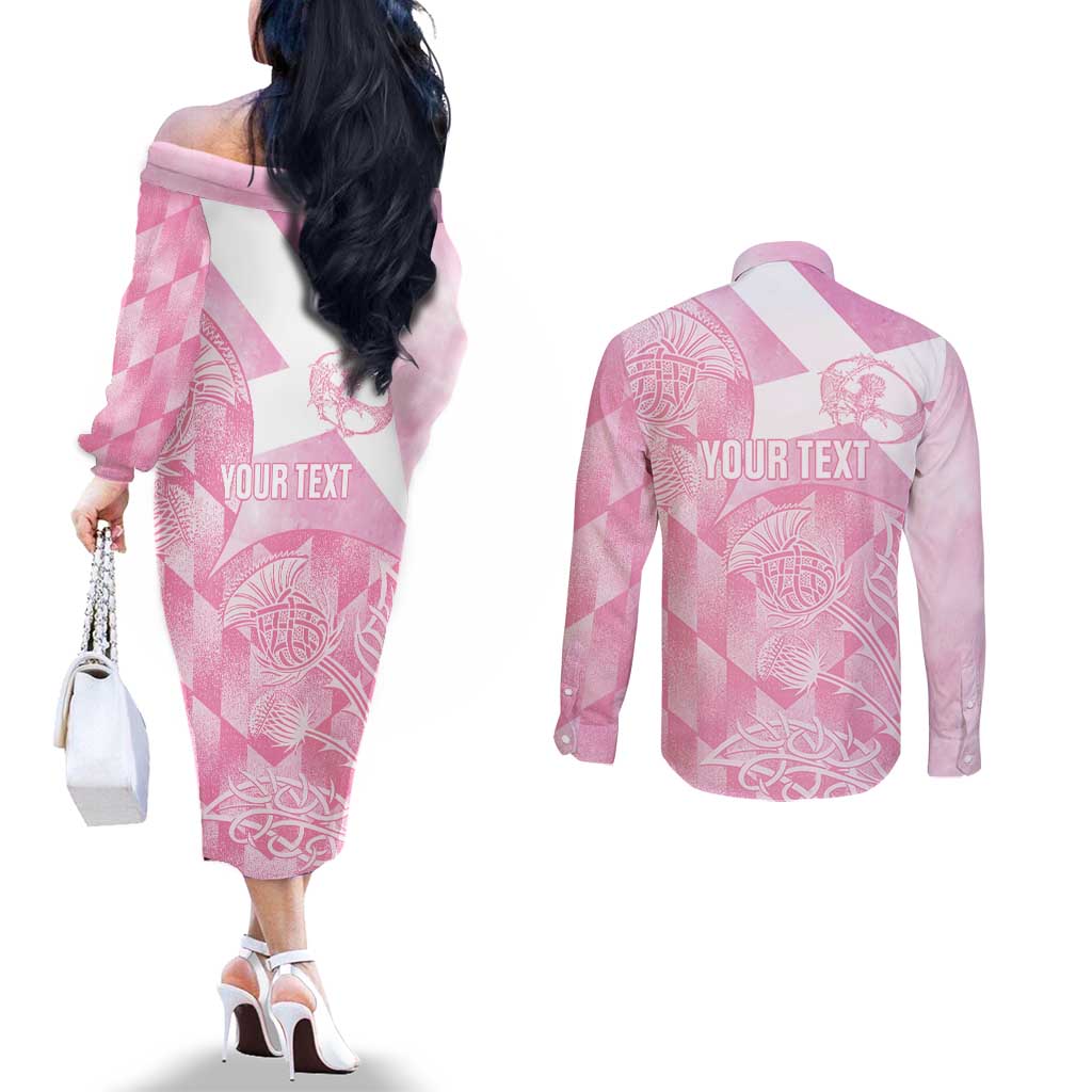 Scotland Rugby Custom Couples Matching Off The Shoulder Long Sleeve Dress and Long Sleeve Button Shirt Go Scottish Thistle Pink Version - Wonder Print Shop