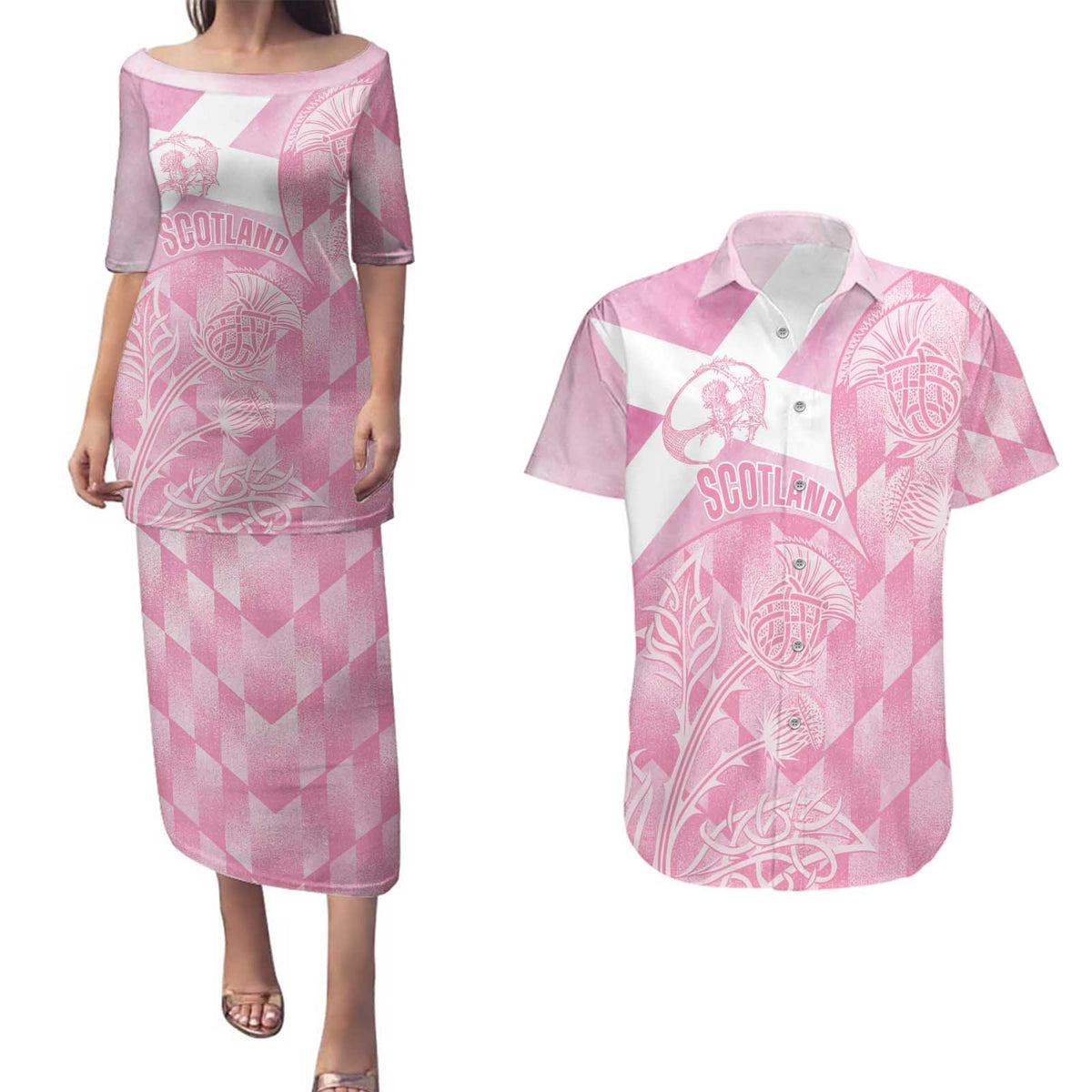 Scotland Rugby Custom Couples Matching Puletasi and Hawaiian Shirt Go Scottish Thistle Pink Version - Wonder Print Shop