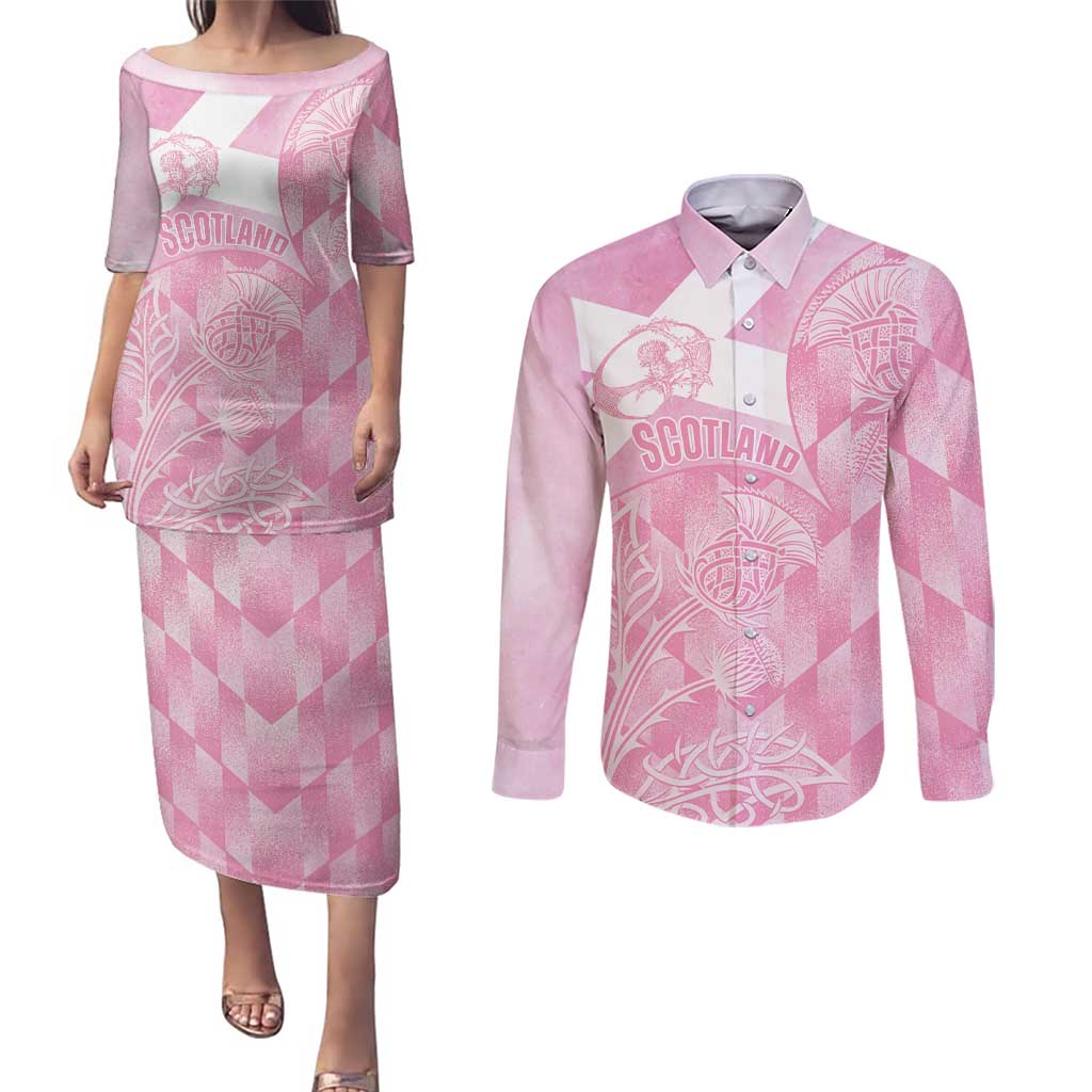 Scotland Rugby Custom Couples Matching Puletasi and Long Sleeve Button Shirt Go Scottish Thistle Pink Version - Wonder Print Shop