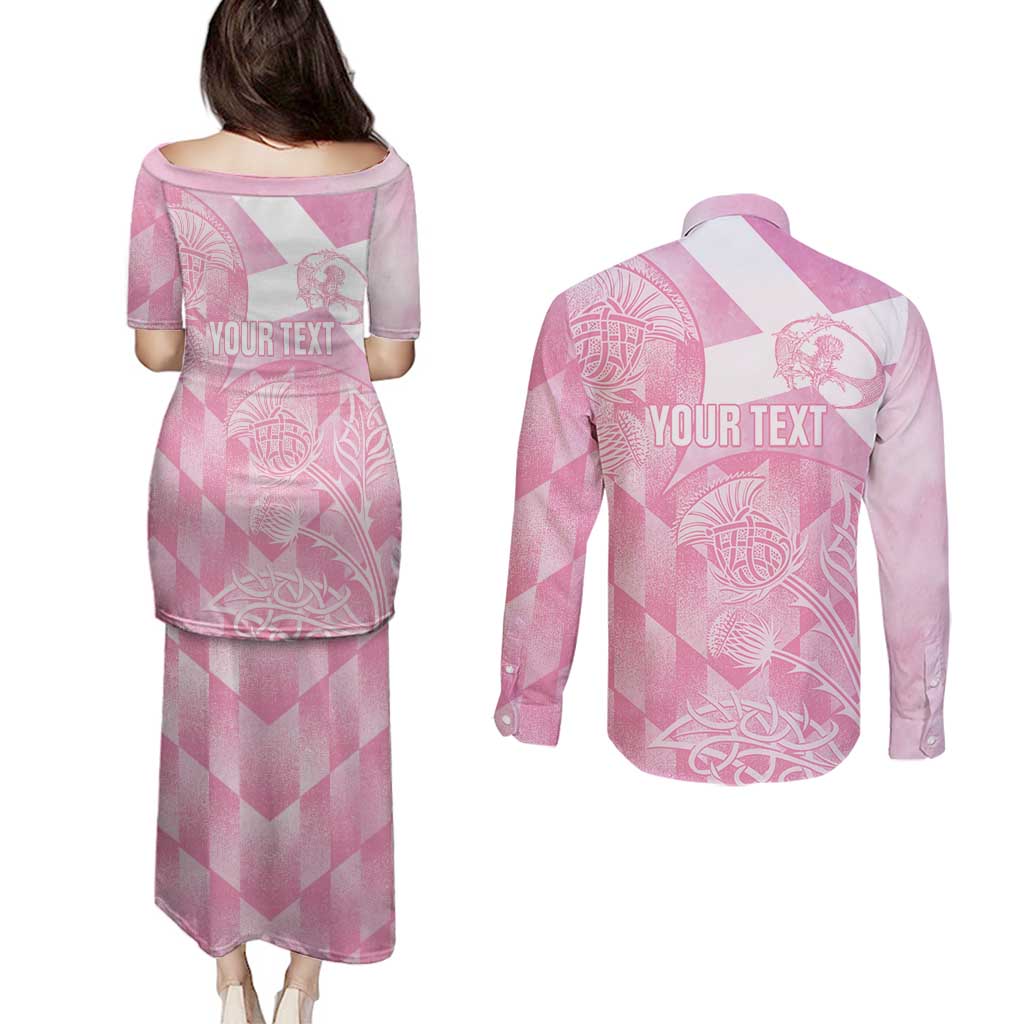 Scotland Rugby Custom Couples Matching Puletasi and Long Sleeve Button Shirt Go Scottish Thistle Pink Version - Wonder Print Shop