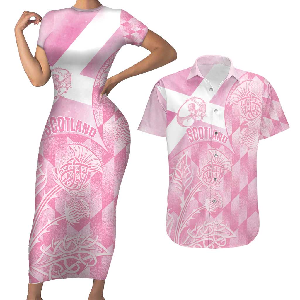 Scotland Rugby Custom Couples Matching Short Sleeve Bodycon Dress and Hawaiian Shirt Go Scottish Thistle Pink Version - Wonder Print Shop