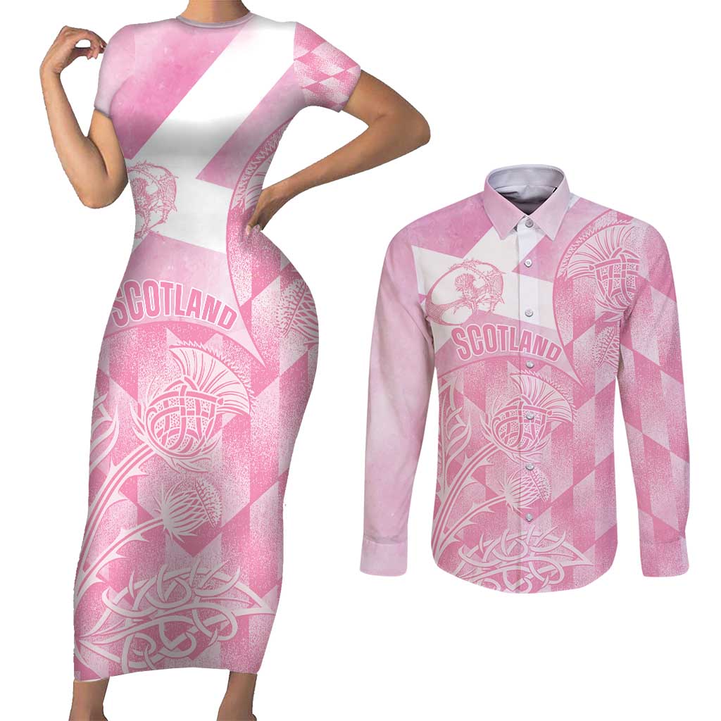 Scotland Rugby Custom Couples Matching Short Sleeve Bodycon Dress and Long Sleeve Button Shirt Go Scottish Thistle Pink Version - Wonder Print Shop