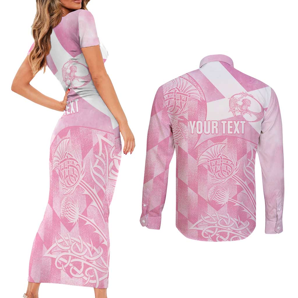 Scotland Rugby Custom Couples Matching Short Sleeve Bodycon Dress and Long Sleeve Button Shirt Go Scottish Thistle Pink Version - Wonder Print Shop
