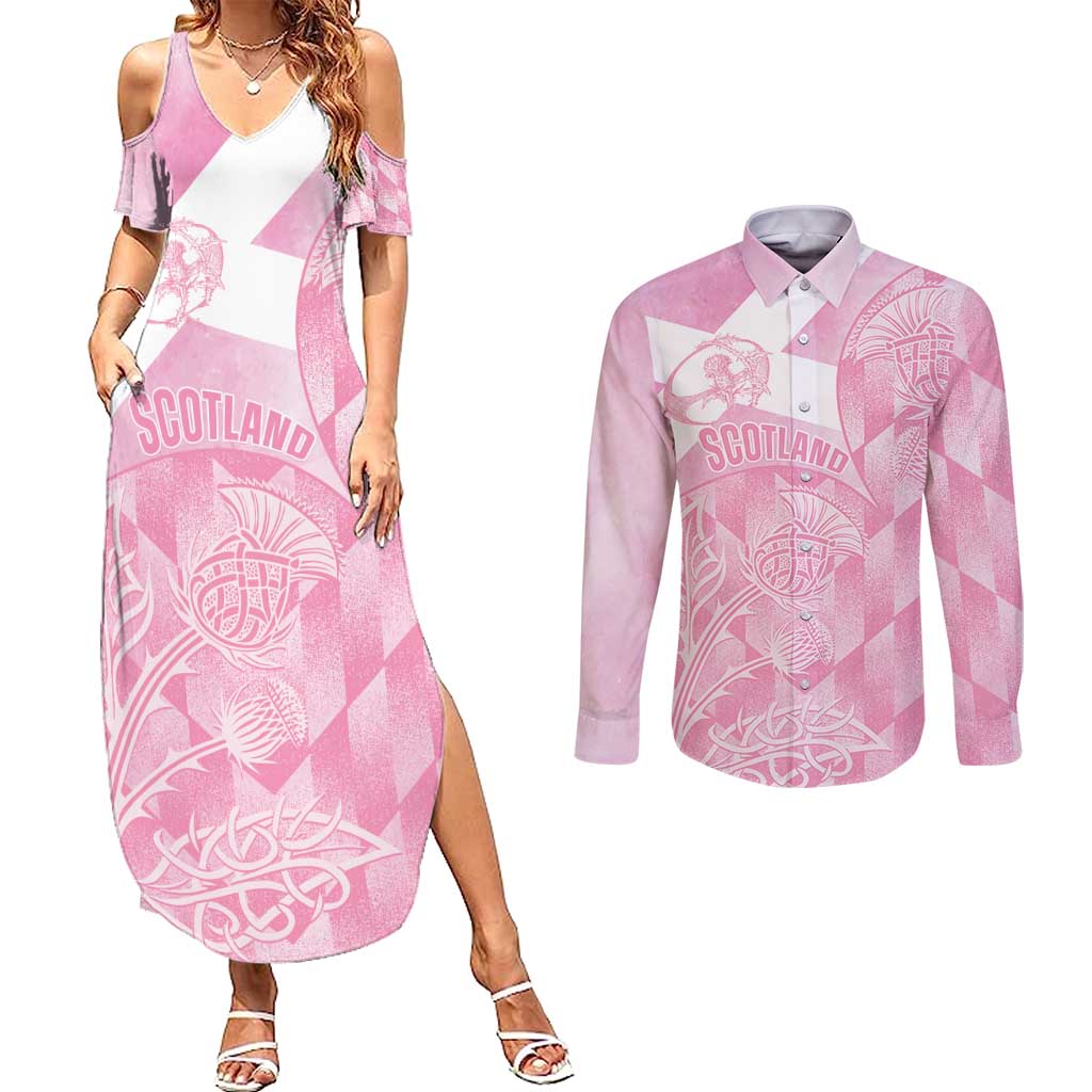 Scotland Rugby Custom Couples Matching Summer Maxi Dress and Long Sleeve Button Shirt Go Scottish Thistle Pink Version - Wonder Print Shop