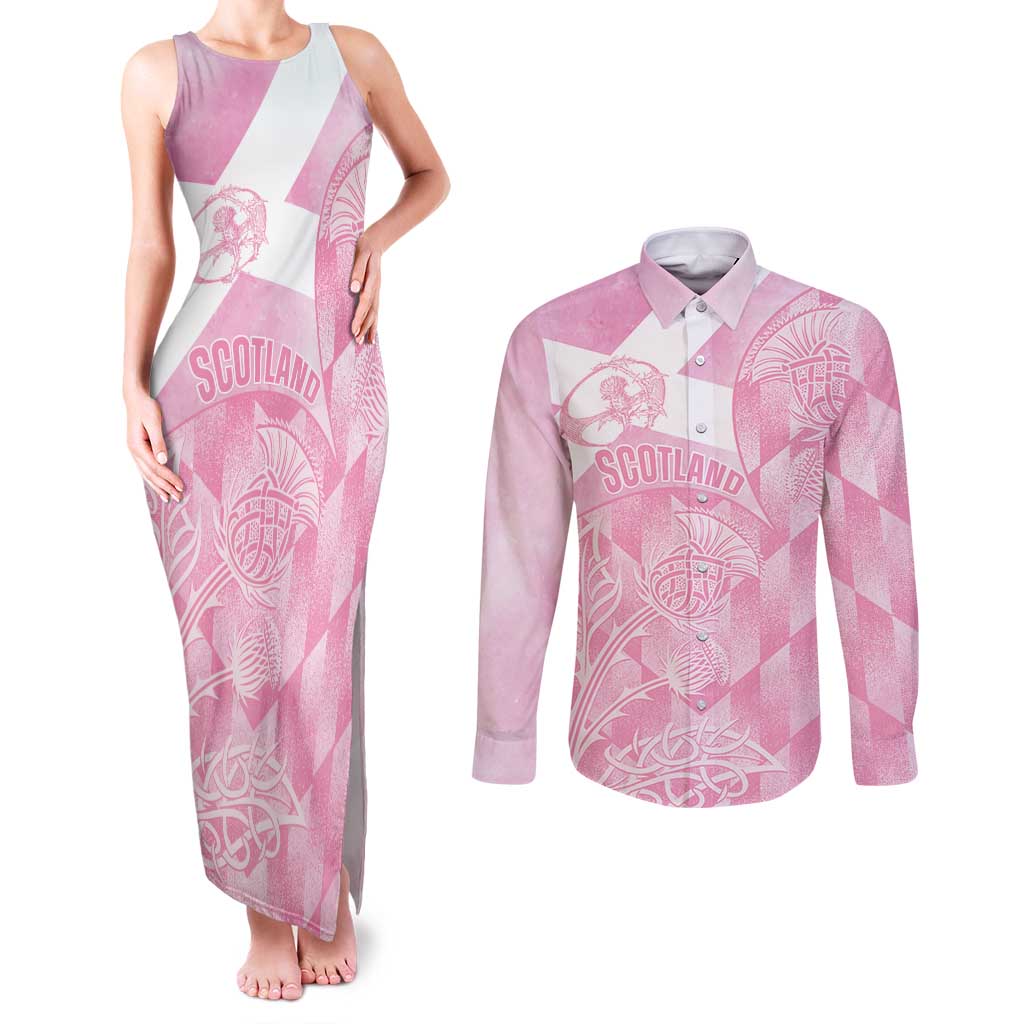 Scotland Rugby Custom Couples Matching Tank Maxi Dress and Long Sleeve Button Shirt Go Scottish Thistle Pink Version - Wonder Print Shop