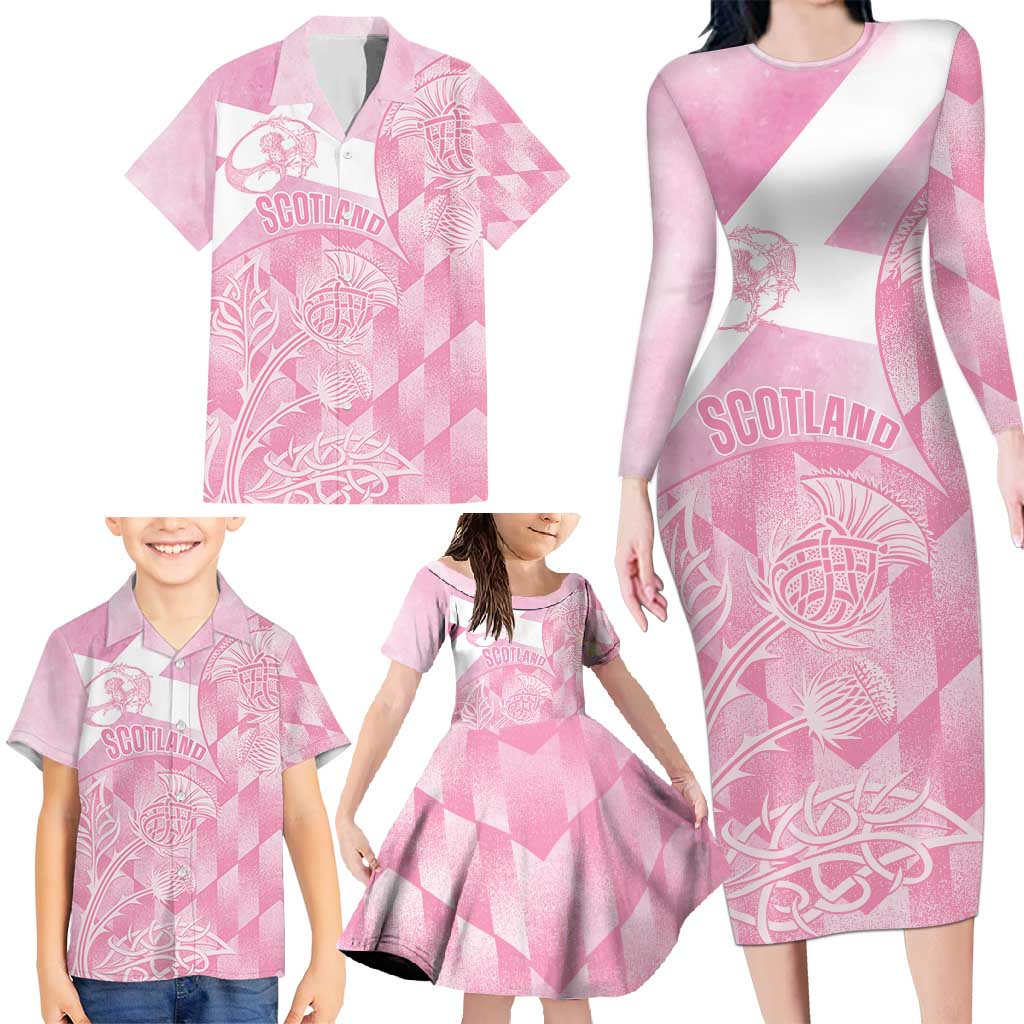 Scotland Rugby Custom Family Matching Long Sleeve Bodycon Dress and Hawaiian Shirt Go Scottish Thistle Pink Version - Wonder Print Shop
