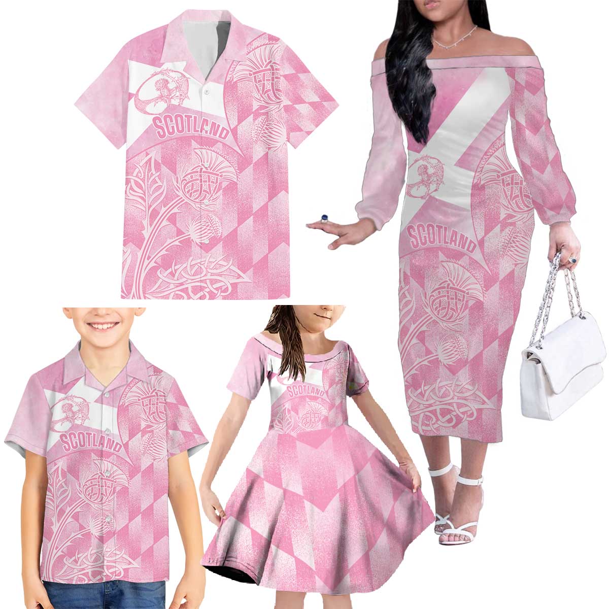 Scotland Rugby Custom Family Matching Off The Shoulder Long Sleeve Dress and Hawaiian Shirt Go Scottish Thistle Pink Version - Wonder Print Shop