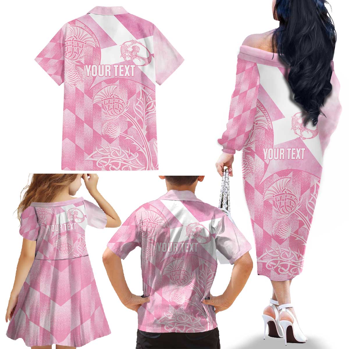 Scotland Rugby Custom Family Matching Off The Shoulder Long Sleeve Dress and Hawaiian Shirt Go Scottish Thistle Pink Version - Wonder Print Shop
