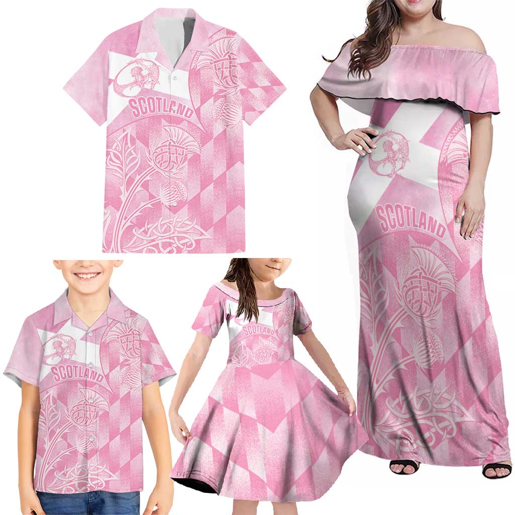 Scotland Rugby Custom Family Matching Off Shoulder Maxi Dress and Hawaiian Shirt Go Scottish Thistle Pink Version - Wonder Print Shop