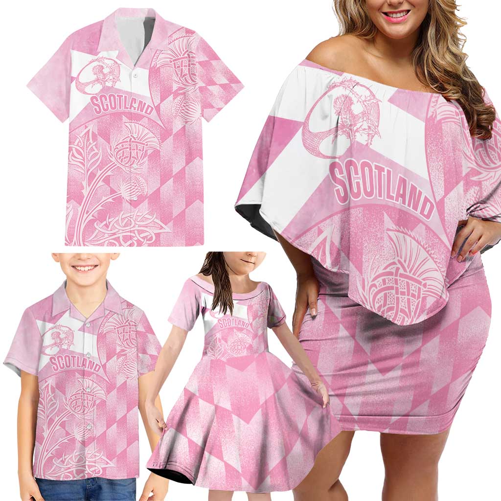 Scotland Rugby Custom Family Matching Off Shoulder Short Dress and Hawaiian Shirt Go Scottish Thistle Pink Version - Wonder Print Shop