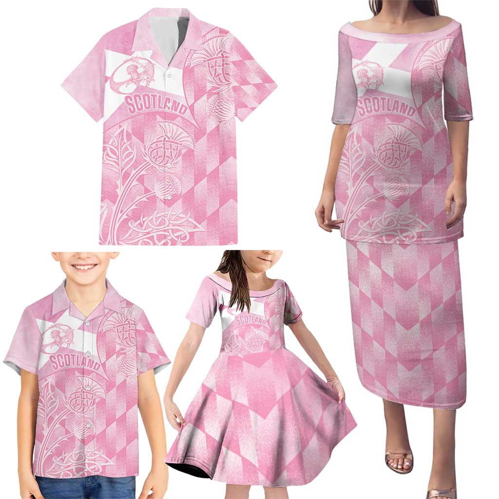 Scotland Rugby Custom Family Matching Puletasi and Hawaiian Shirt Go Scottish Thistle Pink Version - Wonder Print Shop