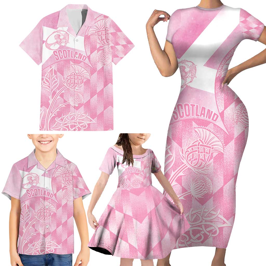 Scotland Rugby Custom Family Matching Short Sleeve Bodycon Dress and Hawaiian Shirt Go Scottish Thistle Pink Version - Wonder Print Shop