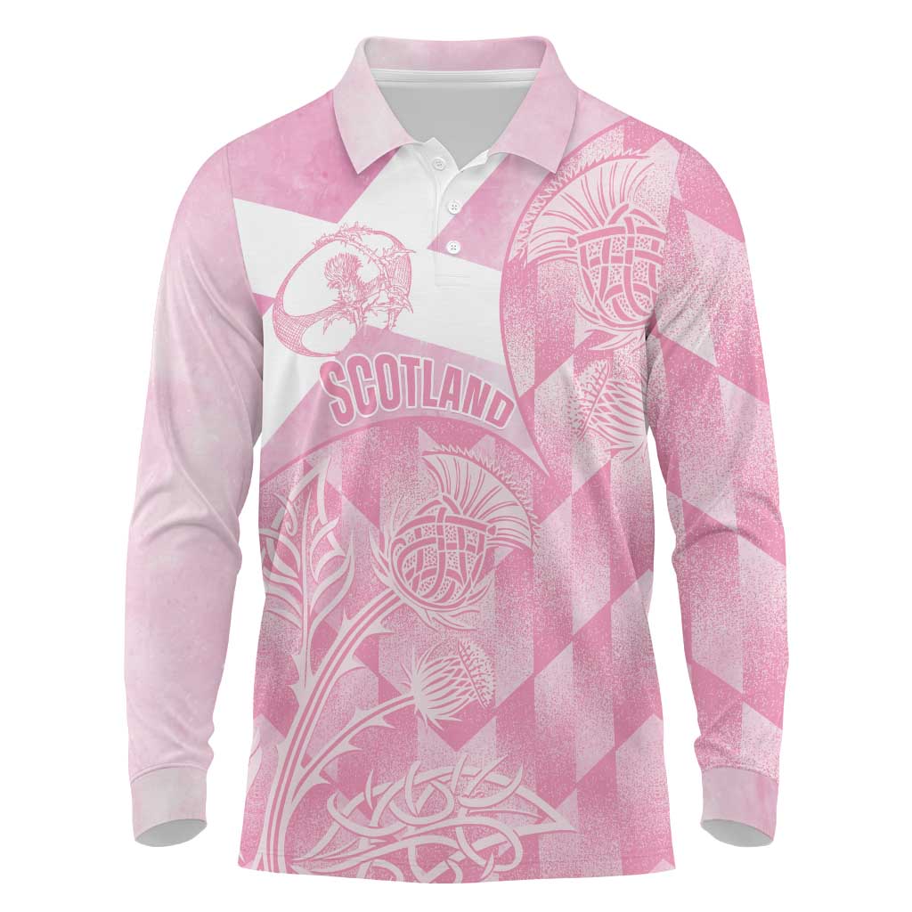 Scotland Rugby Custom Long Sleeve Polo Shirt Go Scottish Thistle Pink Version - Wonder Print Shop