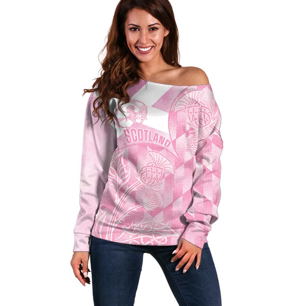 Scotland Rugby Custom Off Shoulder Sweater Go Scottish Thistle Pink Version - Wonder Print Shop