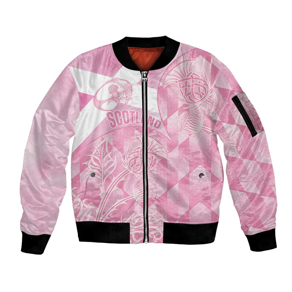 Scotland Rugby Custom Sleeve Zip Bomber Jacket Go Scottish Thistle Pink Version - Wonder Print Shop