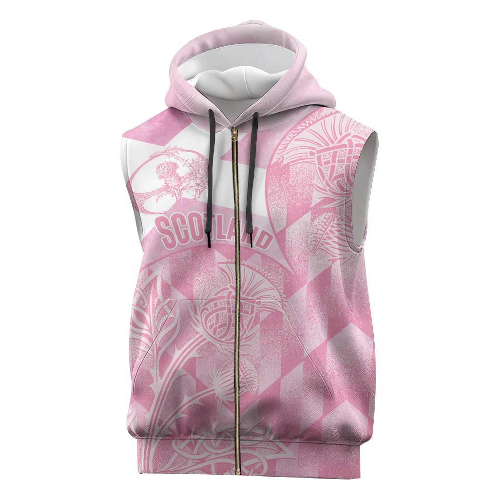 Scotland Rugby Custom Sleeveless Zip Hoodie Go Scottish Thistle Pink Version - Wonder Print Shop