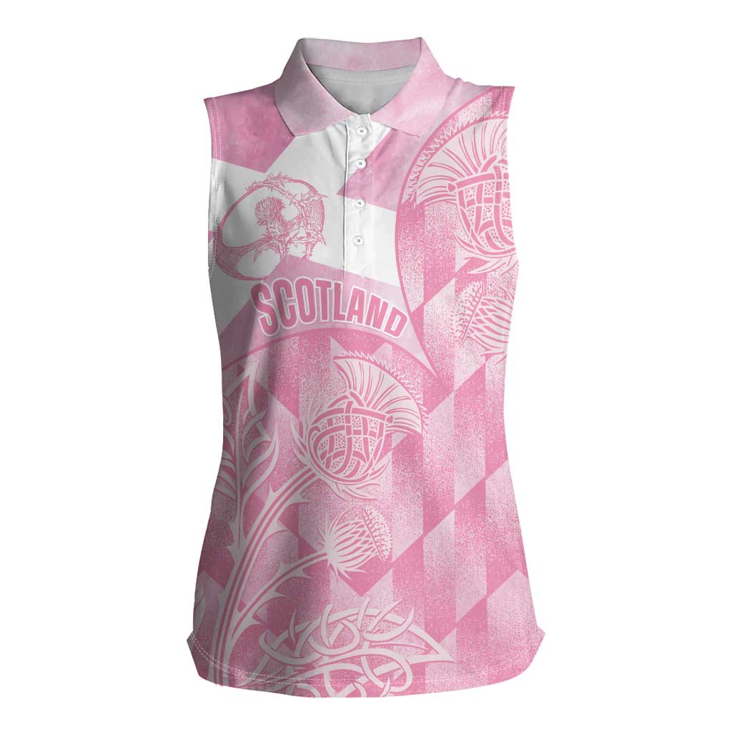 Scotland Rugby Custom Women Sleeveless Polo Shirt Go Scottish Thistle Pink Version - Wonder Print Shop