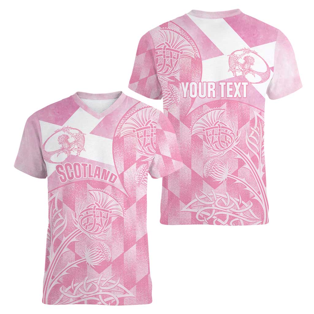 Scotland Rugby Custom Women V-Neck T-Shirt Go Scottish Thistle Pink Version - Wonder Print Shop