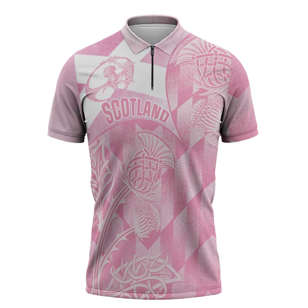Scotland Rugby Custom Zipper Polo Shirt Go Scottish Thistle Pink Version - Wonder Print Shop