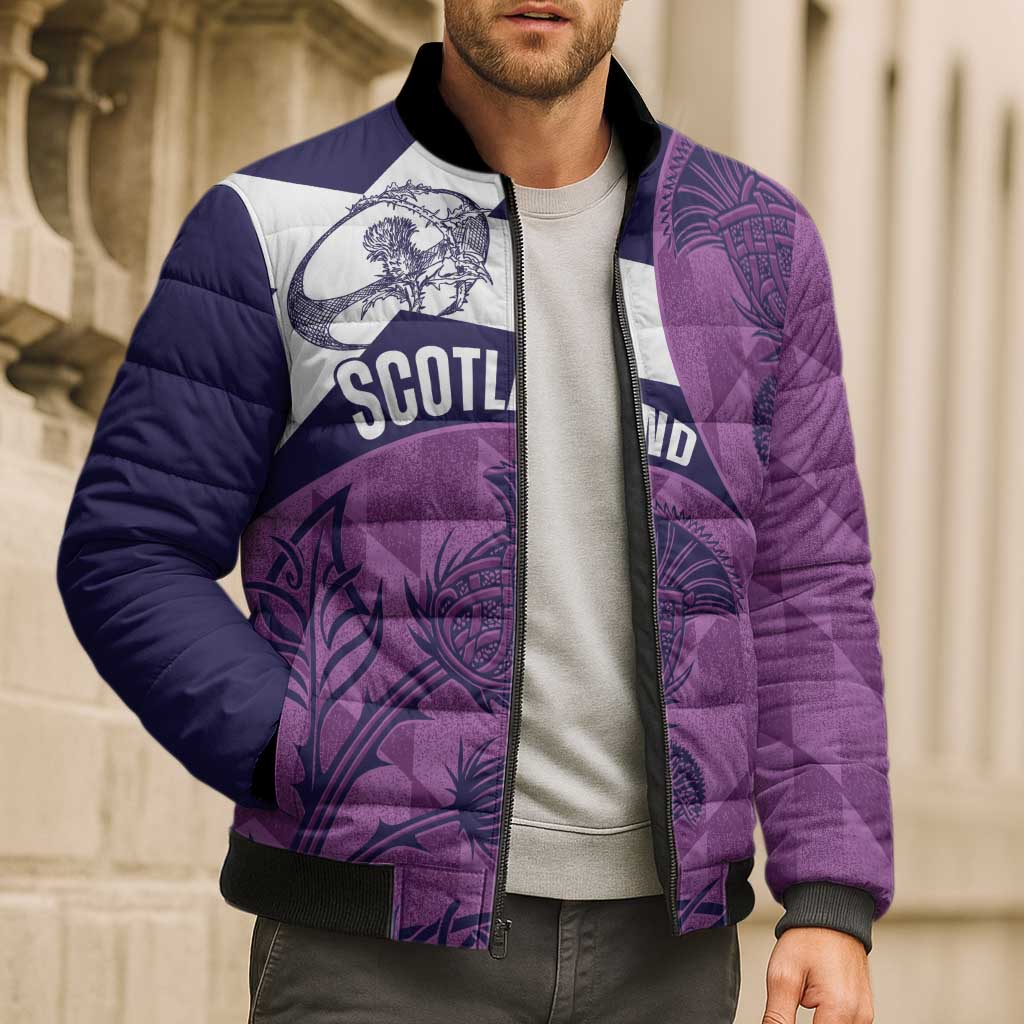 Scotland Rugby Custom Bomber Puffer Jacket Go Scottish Thistle Purple Version - Wonder Print Shop