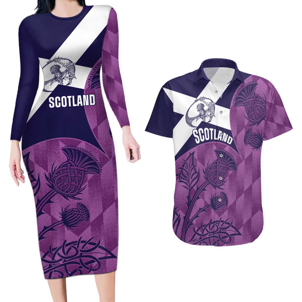 Scotland Rugby Custom Couples Matching Long Sleeve Bodycon Dress and Hawaiian Shirt Go Scottish Thistle Purple Version - Wonder Print Shop