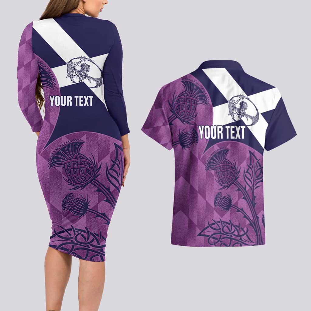 Scotland Rugby Custom Couples Matching Long Sleeve Bodycon Dress and Hawaiian Shirt Go Scottish Thistle Purple Version - Wonder Print Shop