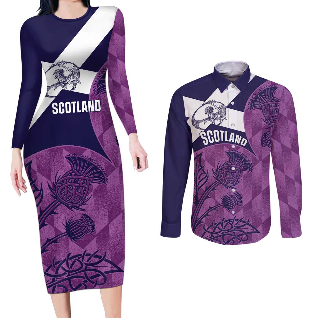 Scotland Rugby Custom Couples Matching Long Sleeve Bodycon Dress and Long Sleeve Button Shirt Go Scottish Thistle Purple Version - Wonder Print Shop