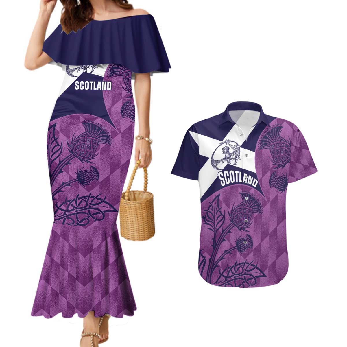 Scotland Rugby Custom Couples Matching Mermaid Dress and Hawaiian Shirt Go Scottish Thistle Purple Version - Wonder Print Shop