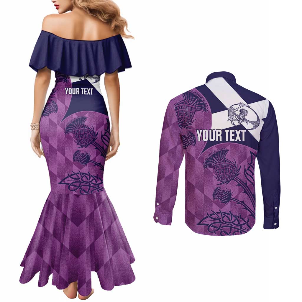 Scotland Rugby Custom Couples Matching Mermaid Dress and Long Sleeve Button Shirt Go Scottish Thistle Purple Version - Wonder Print Shop