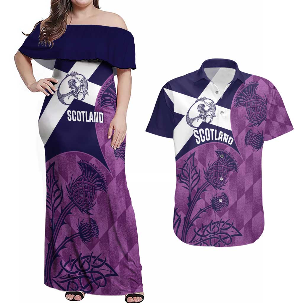 Scotland Rugby Custom Couples Matching Off Shoulder Maxi Dress and Hawaiian Shirt Go Scottish Thistle Purple Version - Wonder Print Shop