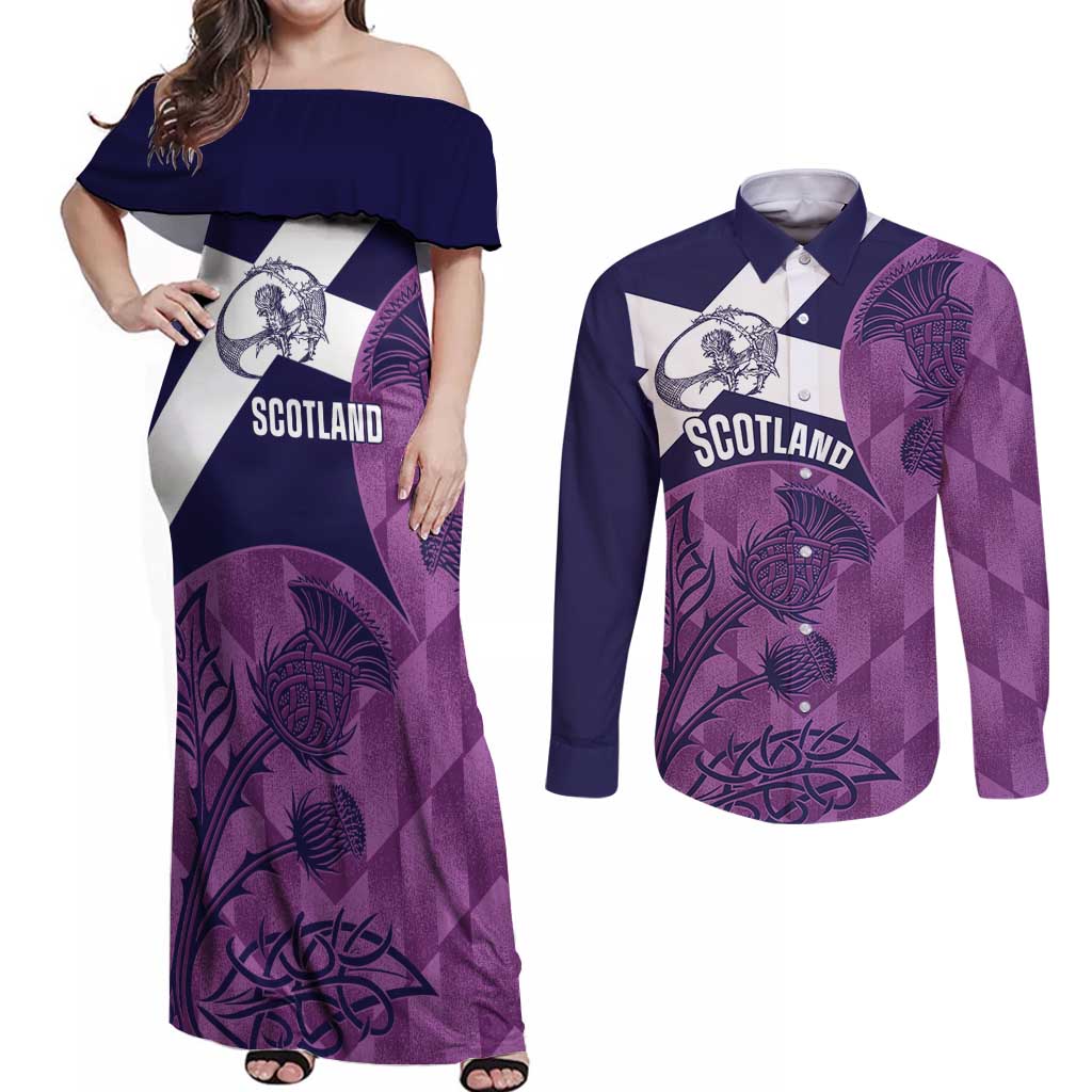 Scotland Rugby Custom Couples Matching Off Shoulder Maxi Dress and Long Sleeve Button Shirt Go Scottish Thistle Purple Version - Wonder Print Shop