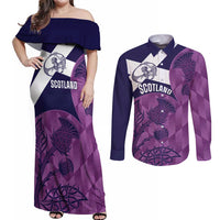 Scotland Rugby Custom Couples Matching Off Shoulder Maxi Dress and Long Sleeve Button Shirt Go Scottish Thistle Purple Version - Wonder Print Shop