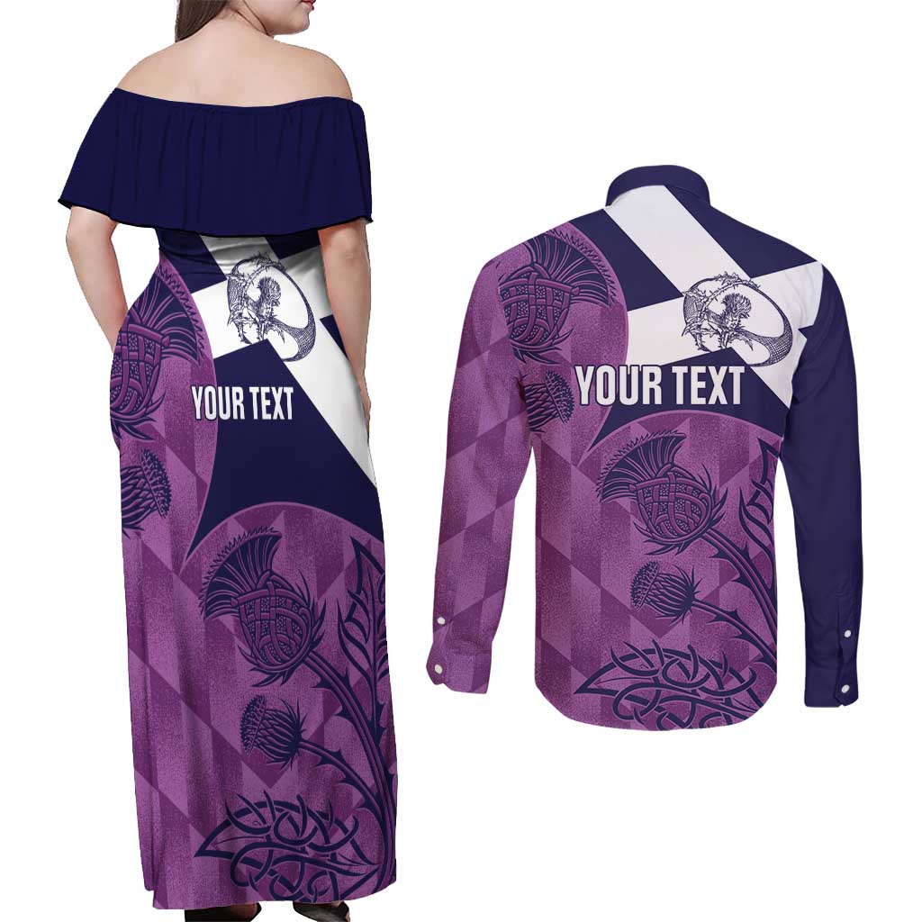 Scotland Rugby Custom Couples Matching Off Shoulder Maxi Dress and Long Sleeve Button Shirt Go Scottish Thistle Purple Version - Wonder Print Shop