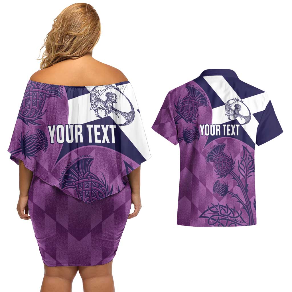 Scotland Rugby Custom Couples Matching Off Shoulder Short Dress and Hawaiian Shirt Go Scottish Thistle Purple Version - Wonder Print Shop